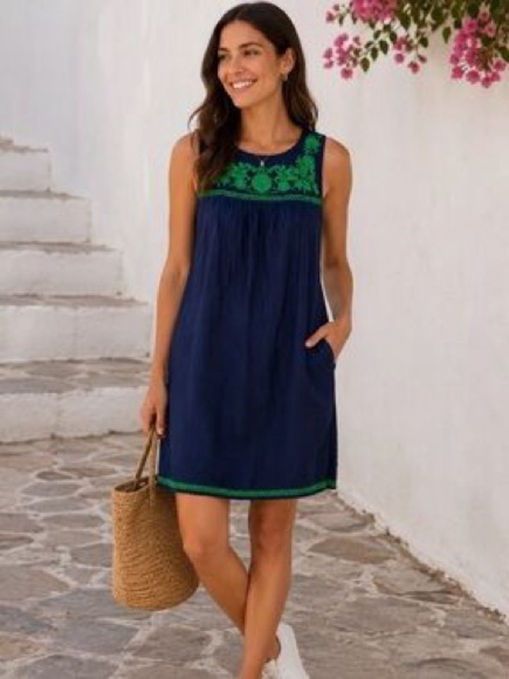 J. Crew Navy Mini Dress with Green Embroidery